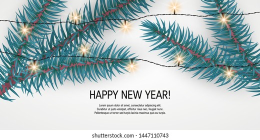 Horizontal Christmas template for designs, web banners, posters, flyers, cards etc. Vector illustration in realistic style with spruce branches and garland