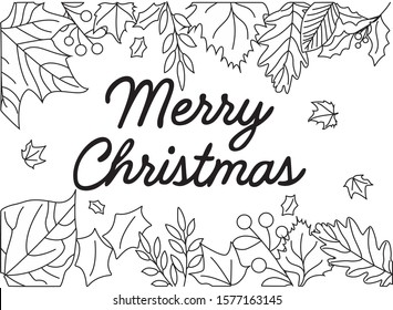 Horizontal Christmas template with  leaves. Merry Christmas lettering Invitation, banner, card, poster, gift certificate