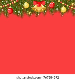 Horizontal christmas tree branches on red background. Vector illustration.