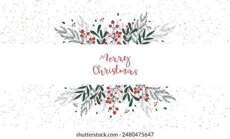 Horizontal Christmas white background with spruce branches, rowanberries, red berries. Vector