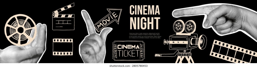 Horizontal cinema night banner. Creative retro collage with halftone hands, hand-drawn movie camera, clapperboard, and film reel. Theater posters and film festival announcements.