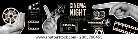 Horizontal cinema night banner. Creative retro collage with halftone hands, hand-drawn movie camera, clapperboard, and film reel. Theater posters and film festival announcements.