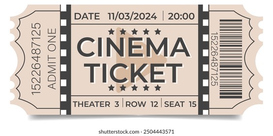 Horizontal cinema ticket with barcode with sharp corners and cinematic film strip and film strip	