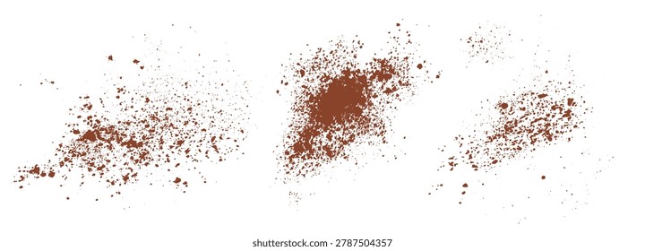 Horizontal cinnamon powder splatters isolated on white. Brown spice dust particles set for food texture and overlay.