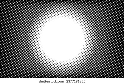 Horizontal circle frame gradient halftone dotted background. Dots texture banner template. Texture overlay grunge distress linear. Black and white duotone faded effect layout. Vector illustration