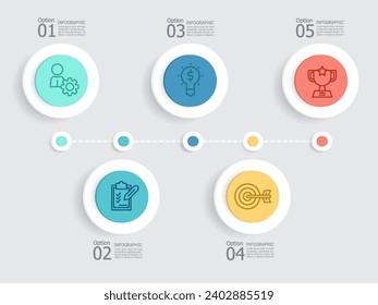 horizontal circle steps timeline infographic element report background with business line icon 5 steps for any business-related presentation or publication vector illustration