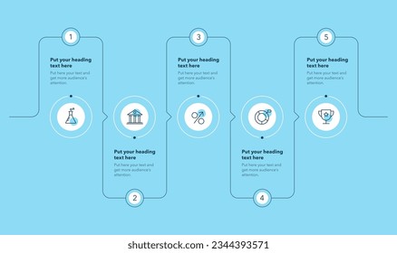 Horizontal circular process template with five steps - blue version. Simple flat diagram for project data visualization.