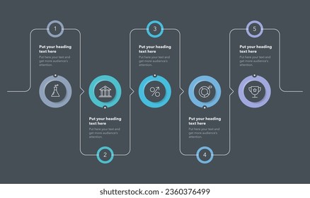 Horizontal circular process template with five steps - dark version. Simple flat diagram for project data visualization.