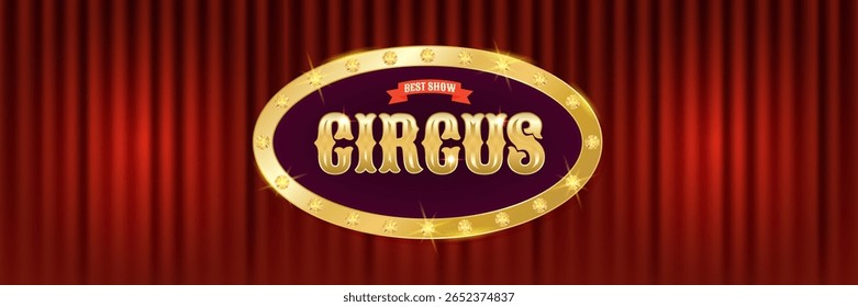 Horizontal circus banner with deep red curtain and golden emblem, ideal for online headers or web event banners. Vector illustration