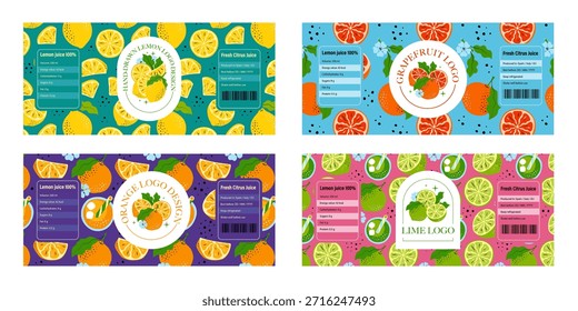 Rótulo de Citrus Horizontal Conjunto com Logotipos e Padrões. Design de marca de limão, limão, laranja e toranja desenhado à mão para embalagem, produtos alimentares, etc em uma ilustração vetorial