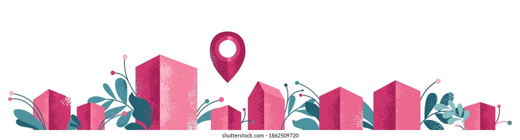 Horizontal city background with bulding. Gps and location navigation concept with pin and trendy plants. Vector textured web banner