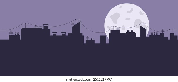 Panorama preto da cidade horizontal com céu violeta e lua cheia grande no verso. Silhuetas de prédios altos na rua da cidade com antenas, fios. Noite de lua cheia na cidade. Paisagem minimalista da cidade.