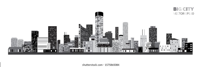 Horizontal city scape with black and white various buildings with little windows. City scape outline isolated on white background. Vector illustration for your graphic design.