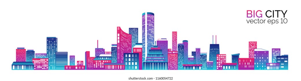Horizontal city scape with colorful various buildings with little windows on  white backgrounds. City scape outline. Vector illustration for your graphic design.