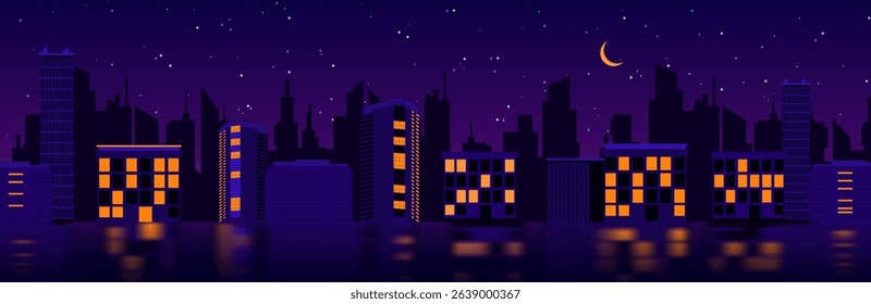 Horizontal city silhouette with lit windows under a night sky. a crescent moon is visible.