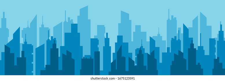 Horizontal city skyline vector flat illustration. Urban architecture cityscape with high modern building construction graphic design. Panorama of skyscraper downtown