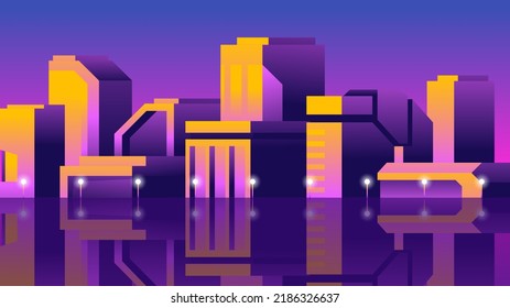 Horizontal City View In Warm Colors. Gradient High Buildings On Sunset Background.