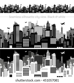 Horizontal cityscape with airplanes, abstract vector illustration. City view with urban elements - office buildings, shopping center,  skyscrapers and other houses. Seamless pattern, white background
