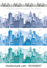 Horizontal cityscape with airplanes, abstract vector illustration. City view with urban elements - office buildings, shopping center,  skyscrapers and other houses. Seamless pattern, white background