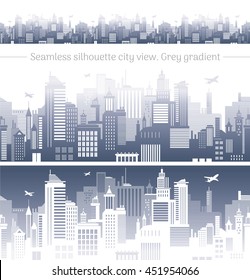 Horizontal cityscape with airplanes, abstract vector illustration. City view with urban elements - office buildings, shopping center,  skyscrapers and other houses. Seamless pattern, white background
