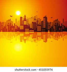 Horizontal cityscape with airplanes, vector illustration. City view with urban elements - office buildings, shopping center,  skyscrapers, water reflection pattern. Evening abstract sunset background 