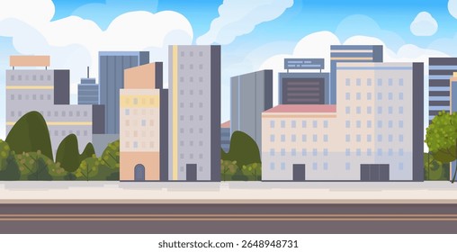 Paisagem urbana horizontal. Paisagem urbana moderna com edifícios imponentes de vários andares, árvores e estrada. Linha do horizonte de Metrópolis. Centro da cidade no dia de verão. Ilustração vetorial. Não gerada por IA