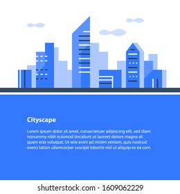 Horizontal cityscape, urban area, downtown panorama, modern style architecture, city growth and development, apartment buildings neighborhood, vector flat design illustration