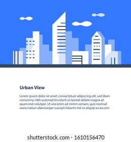 Horizontal cityscape, urban area, downtown panorama, modern style architecture, city growth and development, apartment buildings neighborhood, vector flat design illustration