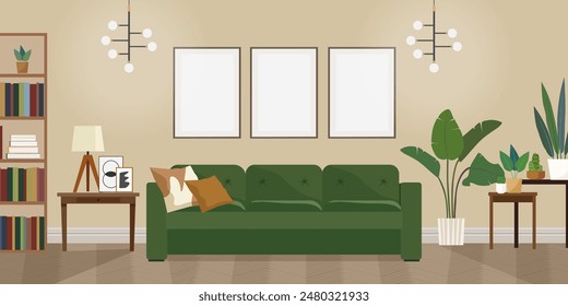 Horizontal classic interior with mock-ups of paintings on the wall. Empty photo frames in the interior of the living room. Vector illustration.