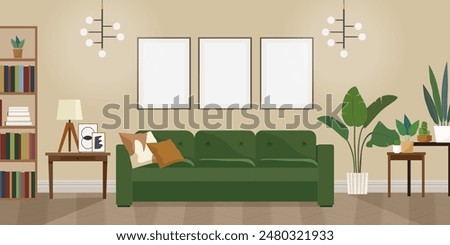 Horizontal classic interior with mock-ups of paintings on the wall. Empty photo frames in the interior of the living room. Vector illustration.