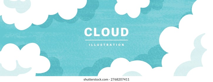 Horizontal cloud background illustration with white clouds framing a soft light blue textured sky