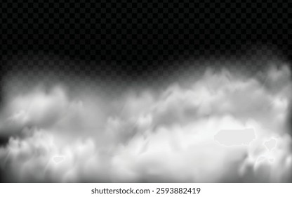 Horizontal Cloud Layer Vector: White Fog Band, Dark Checkered Background, Diffuse Edges, Atmospheric Effect, Realistic Rendering, Transparent Element, Serene Composition, Dense Clouds, Expansive Textu