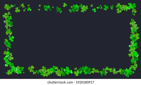 Horizontal clover leaf frame in green colors on black background. Ideal for greeting card, poster and web template. Vector Illustration of a St. Patrick's Day Background
