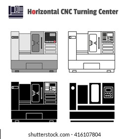 Horizontal CNC Turning Center  vector, front view, silhouette, color, black and white.