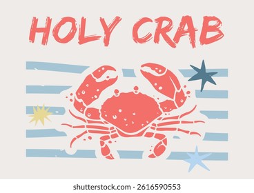 Horizontal coastal poster A3 with red crab block print and words Holy Crab. Vector hand drawn graphic template. 