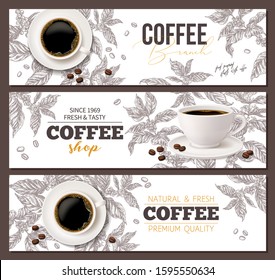 Horizontal coffee banners set. Top view realistic cup on white background with coffee tree plant in sketch etching style. Design for advertising, café or shop