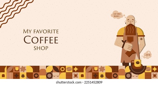 Horizontal coffee shop banner with barista making coffee in cup on square geometric abstract mosaic table. Poster for coffee house, coffee break, cafeteria, restaurant, web page. Vector illustration.