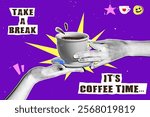 Horizontal coffee themed welcome poster in retro collage style with pencil doodles and grainy texture. Hand with halftone effect holds a porcelain cup of coffee.