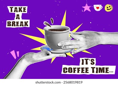 Horizontal coffee themed welcome poster in retro collage style with pencil doodles and grainy texture. Hand with halftone effect holds a porcelain cup of coffee.