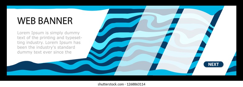 Horizontal color banners with blue waves on dark background. Design abstract web banners. Universal template for a web site with text.