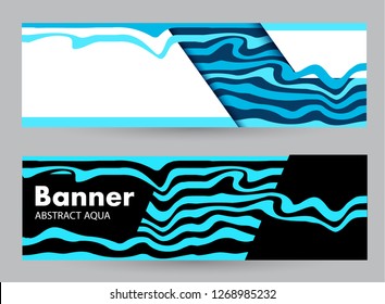 Horizontal color banners with blue waves on dark background. Design abstract web banners. Universal template for a web site with text.