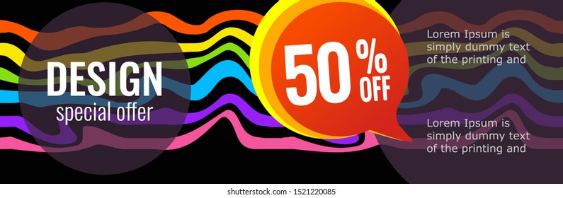 Horizontal color banners with rainbow waves on black background. abstract Design. Universal template for a web site with empty place for text.  