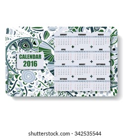 horizontal color calendar 2016 hand painted in the style of floral zentangle and Doodle