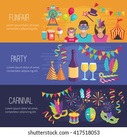 Horizontal color flat banners depicting elements of carnival funfair party vector illustration