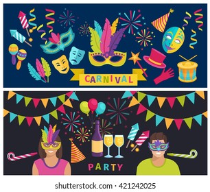 Horizontal color flat banners depicting decoration and elements of carnival party vector illustration