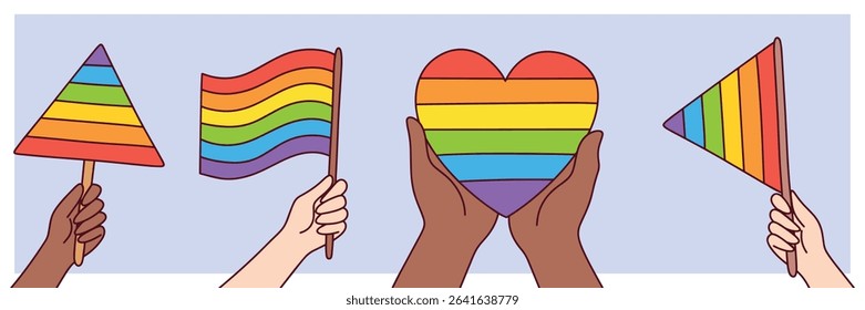 Horizontal color set showing various hands holding rainbow flags and hearts. Symbolizes LGBT community, support, and shared values