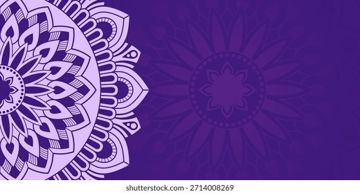 Anuncio de mandala de Vector de color Horizontal. Mandala floral decorativo sobre fondo violeta. Fondo de Vector de color mandala de lujo. Estilo árabe, islámico oriental. Ilustración de color de Vector.