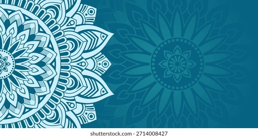 Anuncio de mandala de Vector de color Horizontal. Mandala floral decorativo sobre fondo turquesa. Fondo de Vector de color mandala de lujo. Estilo árabe, islámico oriental. Ilustración de color de Vector.