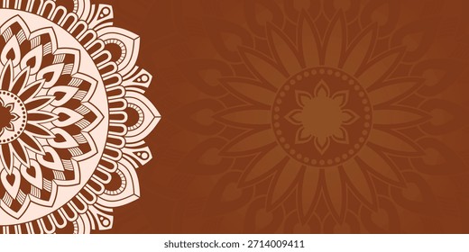 Horizontal color vector mandala banner. Decorative flower mandala on brown background. Luxury mandala color vector background. Arabic, islamic east style. Vector color illustration.