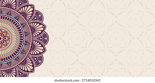 Anuncio de mandala de Vector de color Horizontal. Fondo decorativo del mandala de la flor con el lugar para el texto. Gráficos abstractos coloridos. Estilo árabe, islámico oriental. Ilustración de color de Vector.